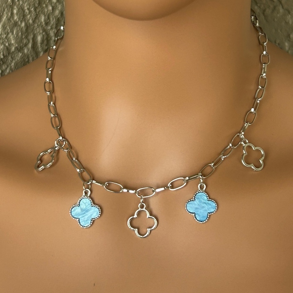 Trendy Silver and Blue Clover Charm Necklace